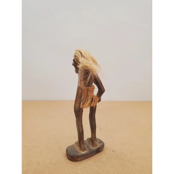 Vintage Hawaiian Carved Wood Tiki Kahuna Tribal , Hemp Rope Hair and Grass Skirt - Picture 6 of 16